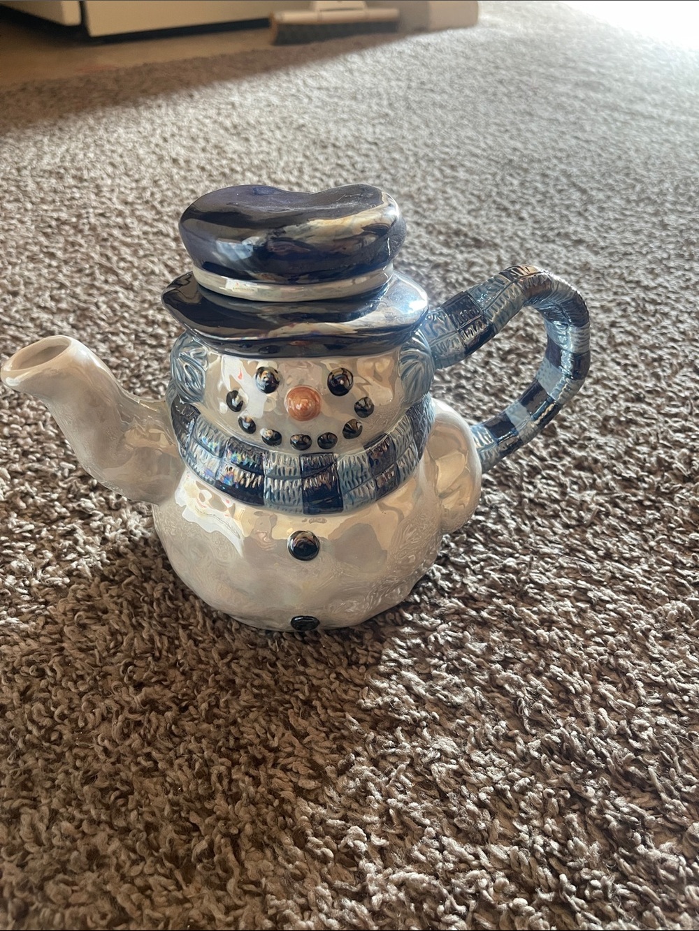 Blue and White Snowman Ceramic Teapot - Festive Winter Tableware